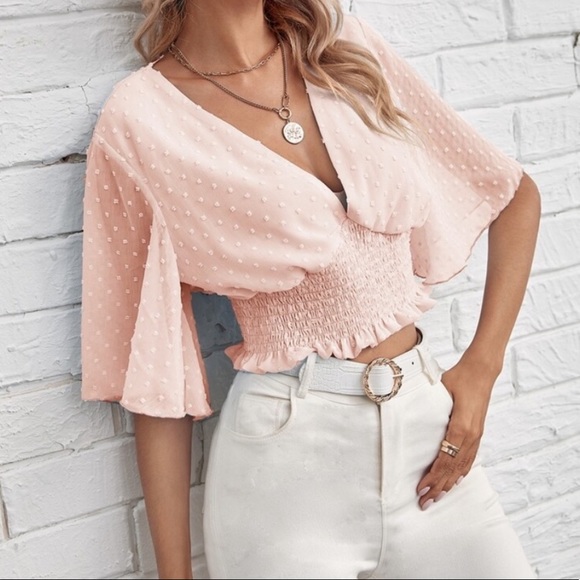 Boho Swiss dot v neck butterfly sleeve shirred top - Picture 5 of 9